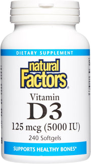 Natural Factors Vitamin D3 softgel bottle highlighting 5,000 IU for bone support.