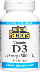 Natural Factors Vitamin D3 softgel bottle highlighting 5,000 IU for bone support.