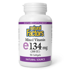 Natural Factors Vitamin E Mixed 200 IU bottle label demonstrates antioxidant support for cellular health.