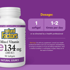 Natural Factors Vitamin E Mixed 200 IU bottle on shelf signaling trusted, high-quality antioxidant support.