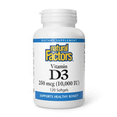 Natural Factors Vitamina D3 10000IU: botella para apoyo diario de huesos y sistema inmune.
