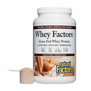 Natural Factors Whey Factors jar shows grass-fed protein powder for steady muscle support.