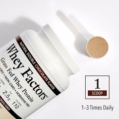 Natural Factors Whey Factors protein scoop ready for quick mixing.