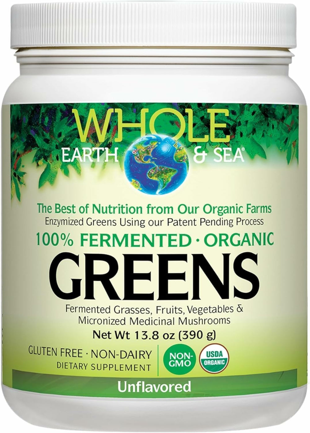 Natural Factors Whole Earth and Sea greens bottle on kitchen counter for daily nutrition.