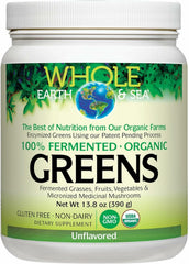 Natural Factors Whole Earth and Sea greens bottle on kitchen counter for daily nutrition.