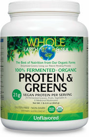 Natural Factors Whole Earth Sea protein greens tub closeup, showcasing a protein-packed greens blend.