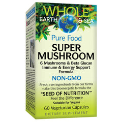 Natural Factors Whole Earth and Sea Super Mushroom bottle shows daily immune and cognitive support