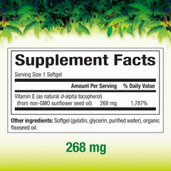 Natural Factors Vitamin E label with non-GMO sunflower oil emphasis for clean nutrition