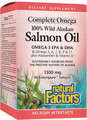 Natural Factors Wild Alaskan Salmon Oil bottle shows 90 capsules for omega-3 support.