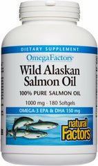 Natural Factors Wild Alaskan Salmon Oil bottle pour for simple daily dosing.