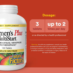 Natural Factors Women's Plus MultiStart tablets pack highlights three-tablet serving for daily nutrition.