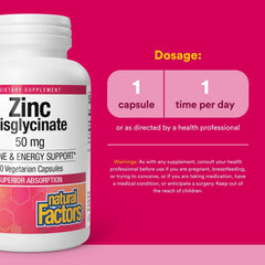 Natural Factors Zinc Bisglycinate label detail shows 50 mg per capsule.
