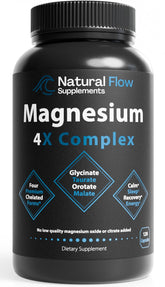 Natural Flow 4X Magnesium bottle showing premium chelated blend for sleep and calm