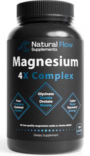 Natural Flow 4X Magnesium bottle showing premium chelated blend for sleep and calm