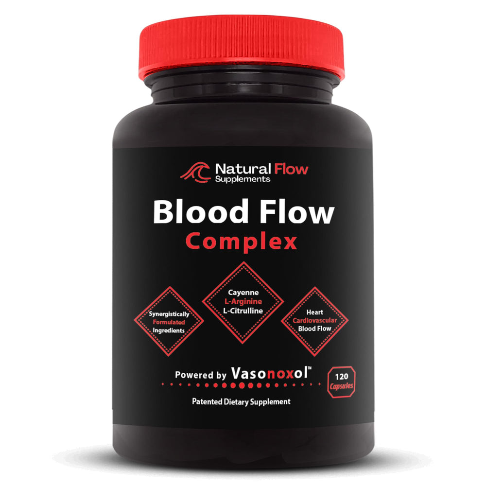 Natural Flow Blood Flow Complex bottle pour shows cayenne pepper warmth for circulation support.