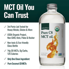 Natural Force C8 MCT Oil on a tidy kitchen counter, supports keto-friendly cooking