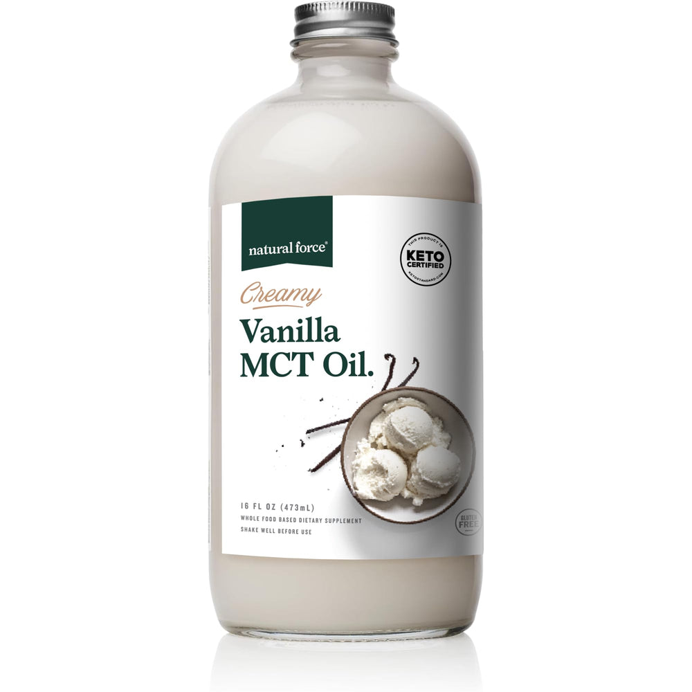 Natural Force Creamy Vanilla MCT Oil bottle pour for dairy-free keto beverages.