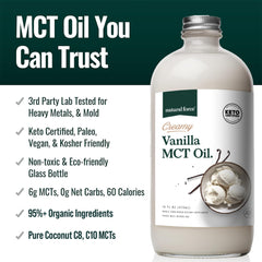 Natural Force Creamy Vanilla MCT Oil added to coffee for quick keto-friendly creaminess.