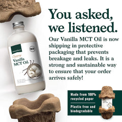 Natural Force Creamy Vanilla MCT Oil label closeup highlighting organic coconut MCTs.