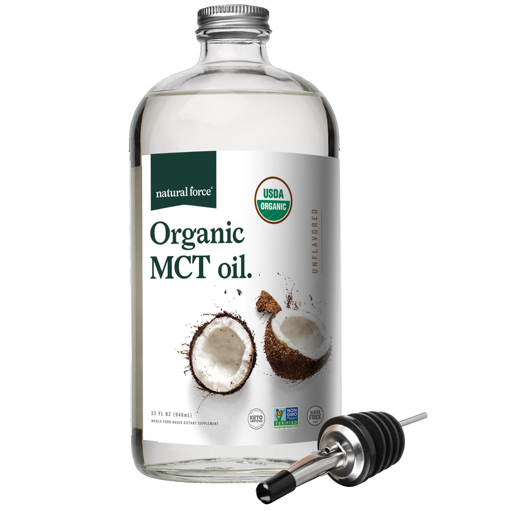Natural Force Organic MCT Oil bottle on a counter, ideal for keto meals and smoothies.