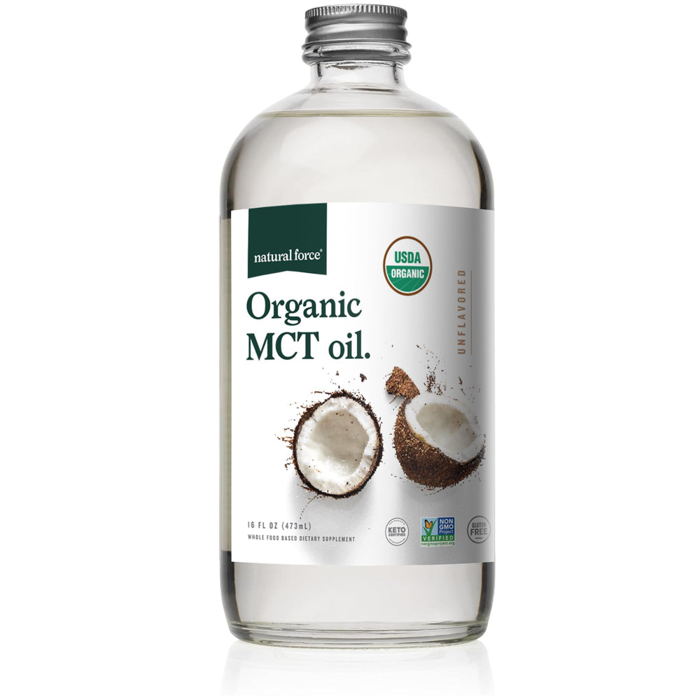 Natural Force Organic MCT Oil in a pure glass bottle, ideal for keto coffee