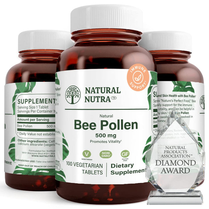 Natural Nutra Bee Pollen 500mg bottle, premium tablets for daily vitality.