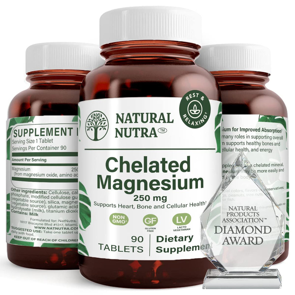 Natural Nutra Chelated Magnesium Oxide bottle highlighting 250 mg for bone health