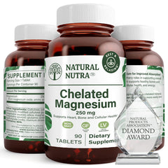 Natural Nutra Chelated Magnesium Oxide bottle highlighting 250 mg for bone health
