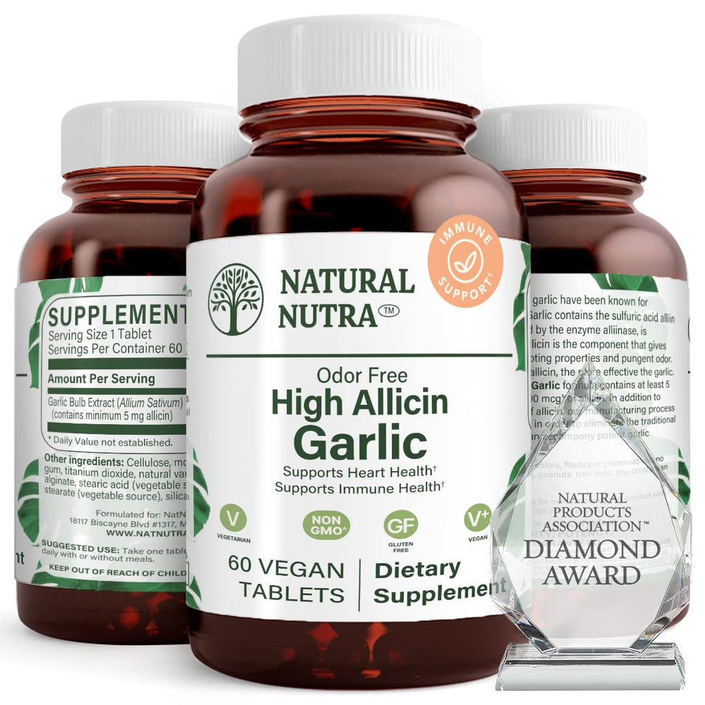 Natural Nutra garlic tablet with vanilla coating for odor reduction and easy swallowing.