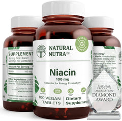 Natural Nutra Niacin bottle front showing 100 mg tablets for daily energy support