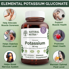 Natural Nutra potassium gluconate label highlights vegan and gluten-free ingredients