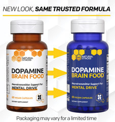 Natural Stacks Dopamine Brain Food bottle label detail highlights ingredients for transparency