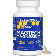 Natural Stacks MagTech bottle cap visible, highlighting triple magnesium blend