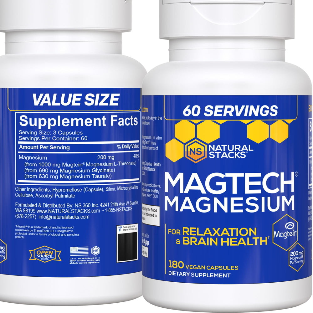 Natural Stacks MagTech bottle front showing 180 capsules for daily relaxation and cognitive support