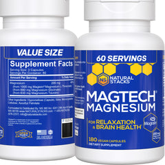 Natural Stacks MagTech bottle front showing 180 capsules for daily relaxation and cognitive support