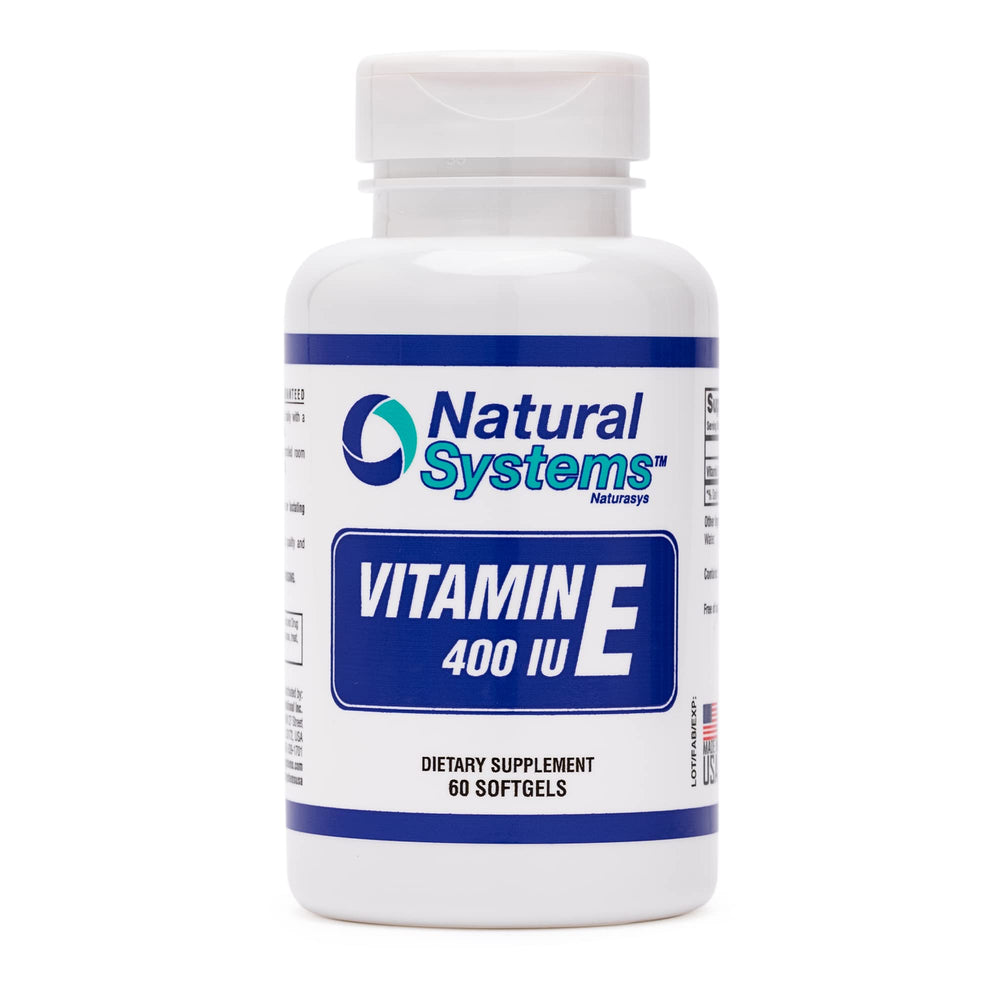 Natural Systems Vitamin E 60 Softgels bottle pour for daily antioxidant support.