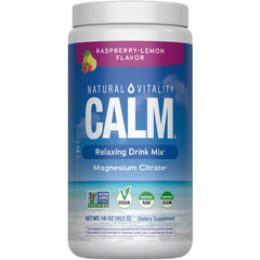 Natural Vitality CALM bottle front displaying raspberry lemon flavor for daily calming moments.