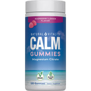 Natural Vitality CALM bottle poured, magnesium gummies for stress support.