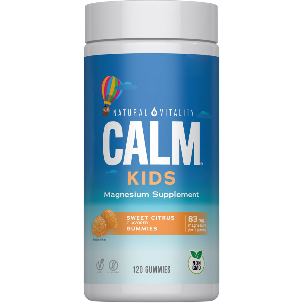 Natural Vitality CALM Kids Gummies bottle showcases kid-friendly magnesium for daily stress support