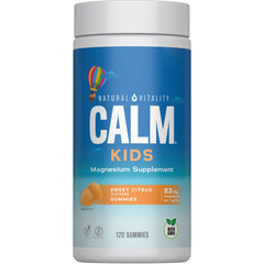 Natural Vitality CALM Kids Gummies bottle showcases kid-friendly magnesium for daily stress support
