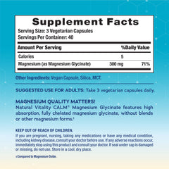 Natural Vitality Calm Magnesium capsule close-up highlighting easy dosing for everyday wellness.