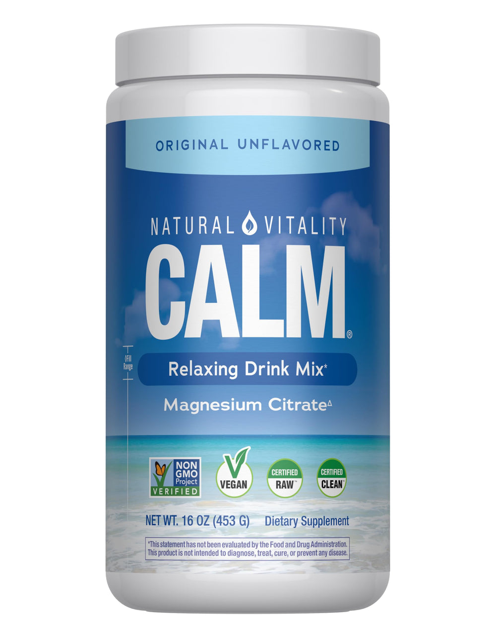 Natural Vitality CALM bottle being poured to make a soothing magnesium drink.