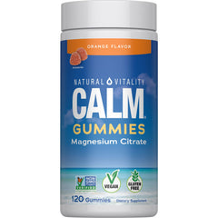 Natural Vitality Calm magnesium gummies orange-front bottle highlighting vegan, gluten-free stress-support benefits.