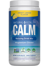 Natural Vitality CALM bottle with label, highlighting magnesium support for calm moments.