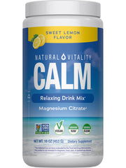 Natural Vitality CALM bottle with label, highlighting magnesium support for calm moments.