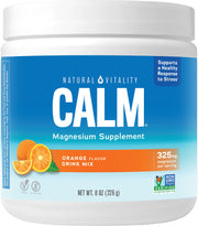 Natural Vitality CALM orange powder in bottle for stress support.
