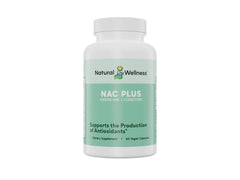 Natural Wellness NAC Plus bottle showcasing 600mg NAC for antioxidant support and daily resilience.