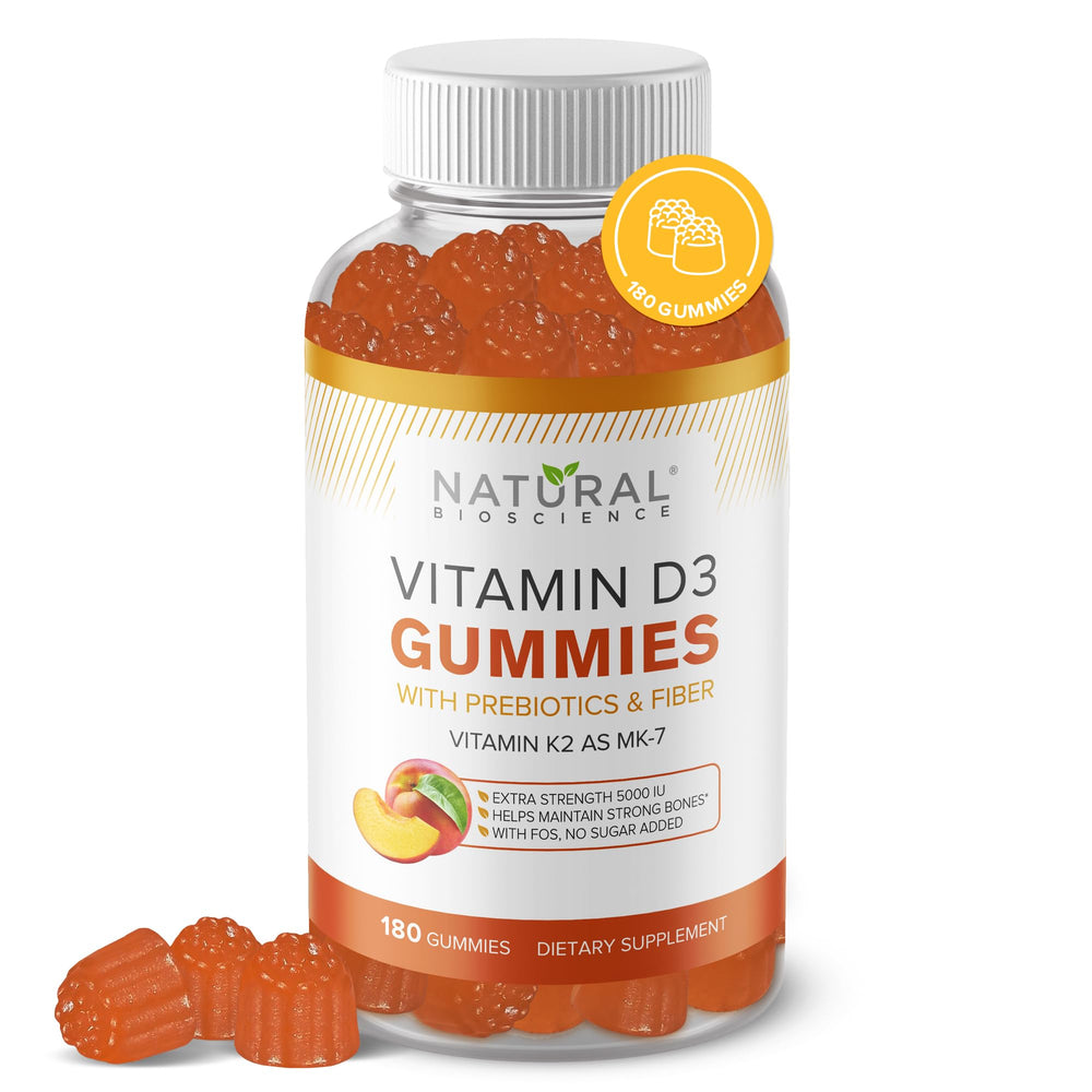 Natural BioScience Sugar Free D3 K2 Gummies bottle front for daily bone and immune support.