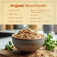 NaturaleBio Maca Powder label closeup shows organic quality and gelatinized form.