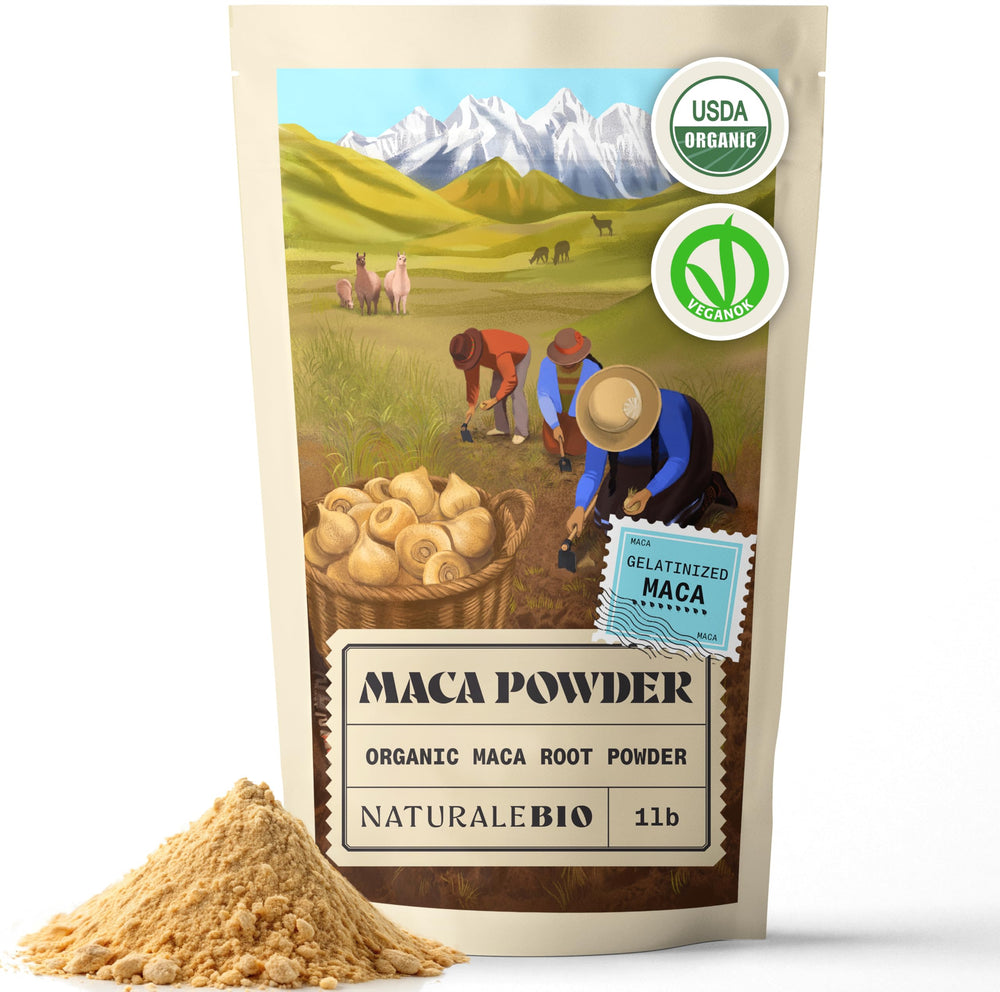 NaturaleBio Maca Powder Organic 1lb in a bag, ideal for daily smoothies.
